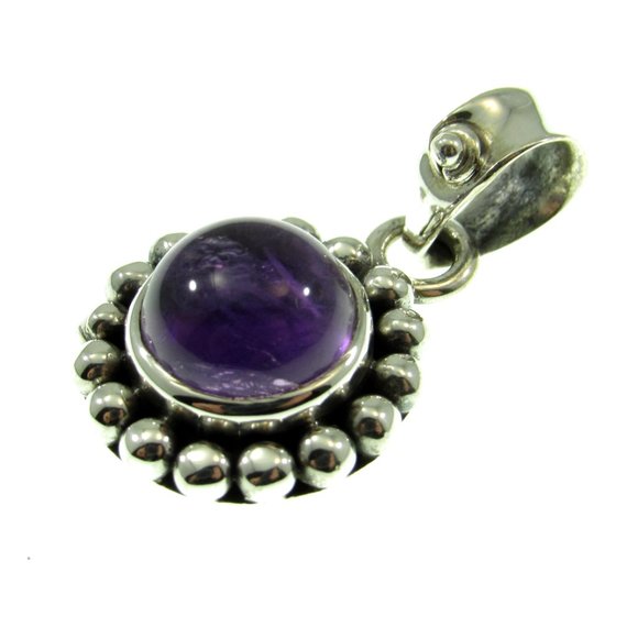 Solid 925 Sterling Silver Round Amethyst Drop Pendant - Bali Style Jewelry - Picture 7 of 8